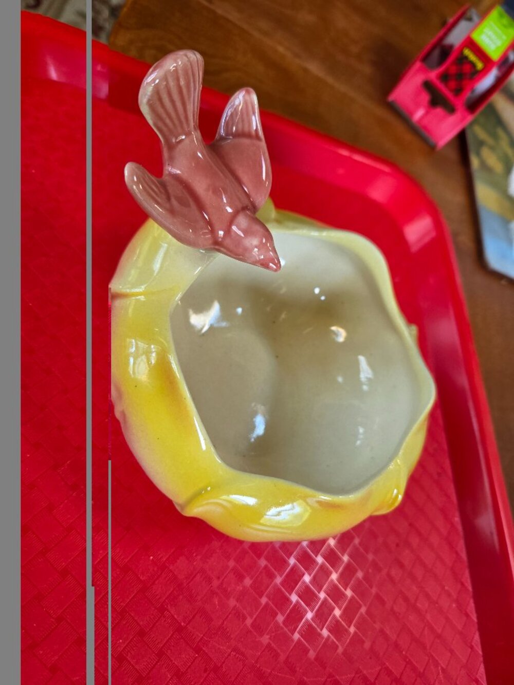 vintage royal copley ceramic bird bowl with sculptured bird on rim